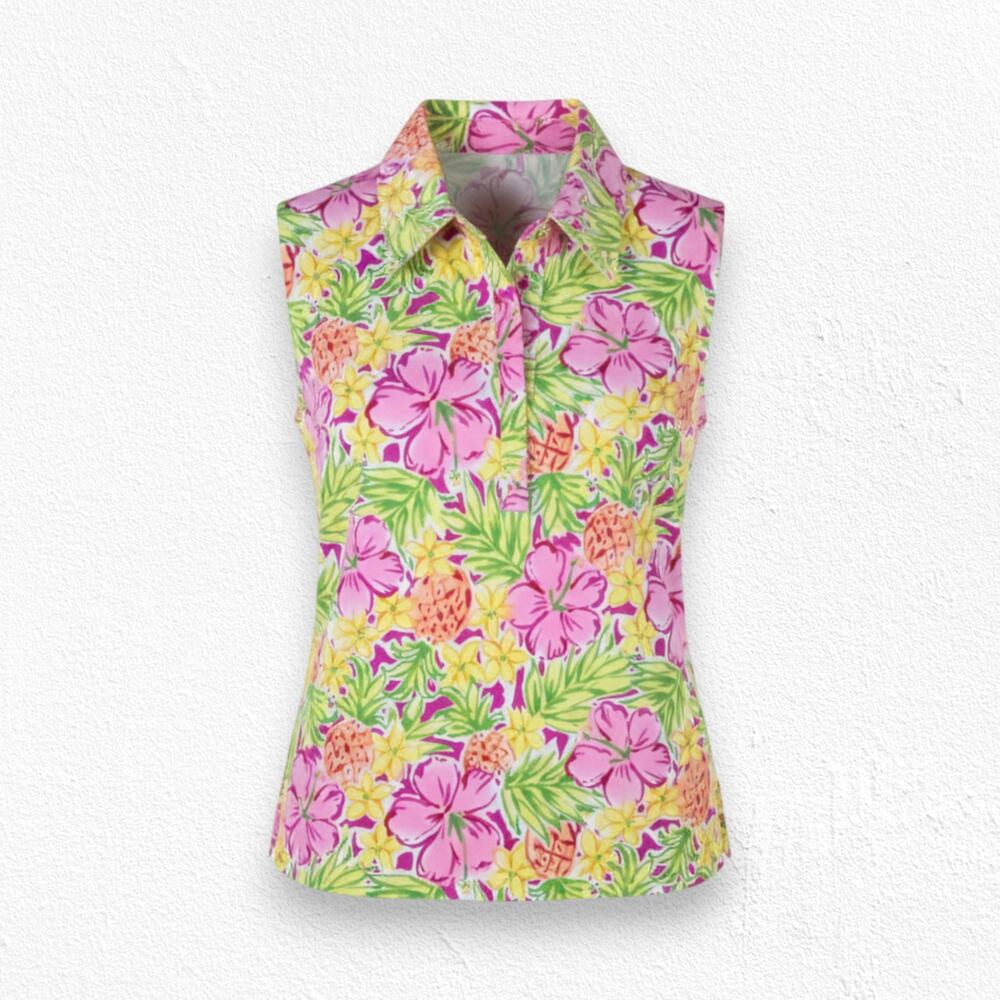 Boston Proper Yellow Tropical V Neck Sleeveless Island Collared Top Size Small